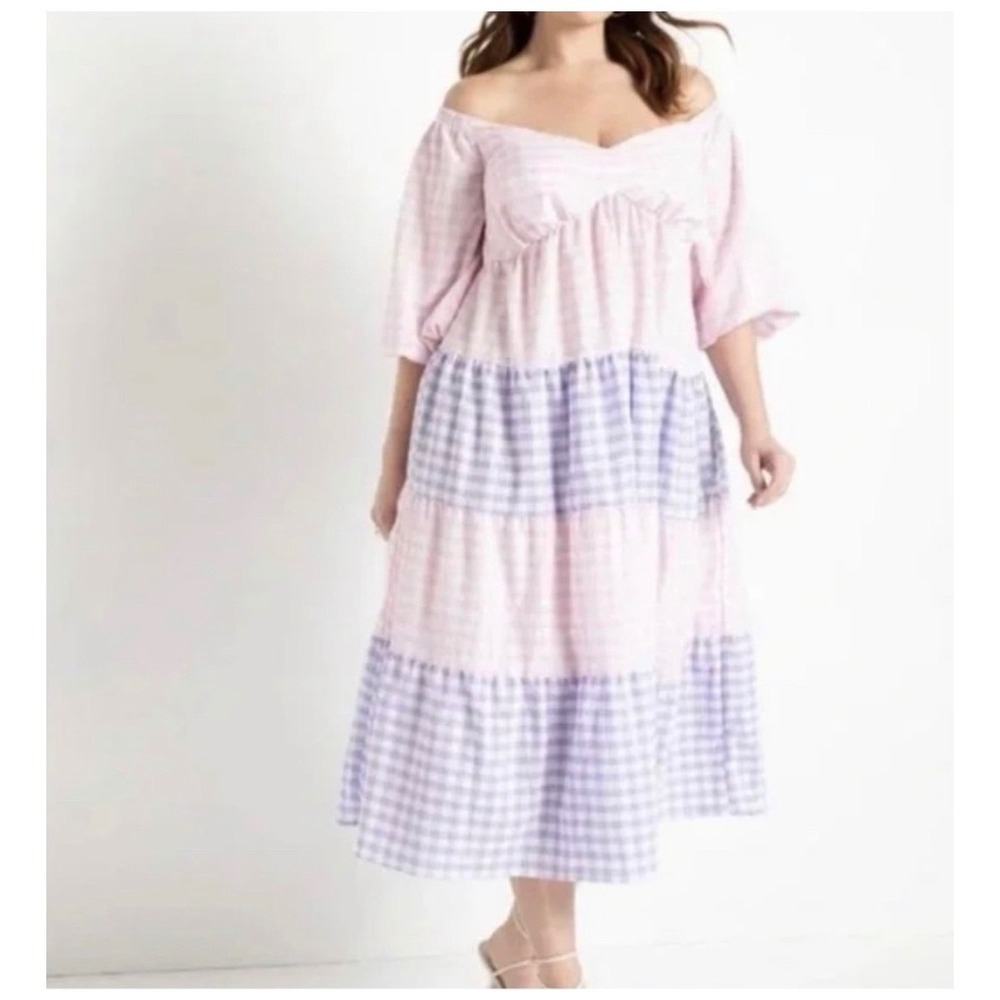 Eloquii Gingham Tiered Midi Dress Pink Purple Plaid Puff Sleeve Plus Size 16 NWT